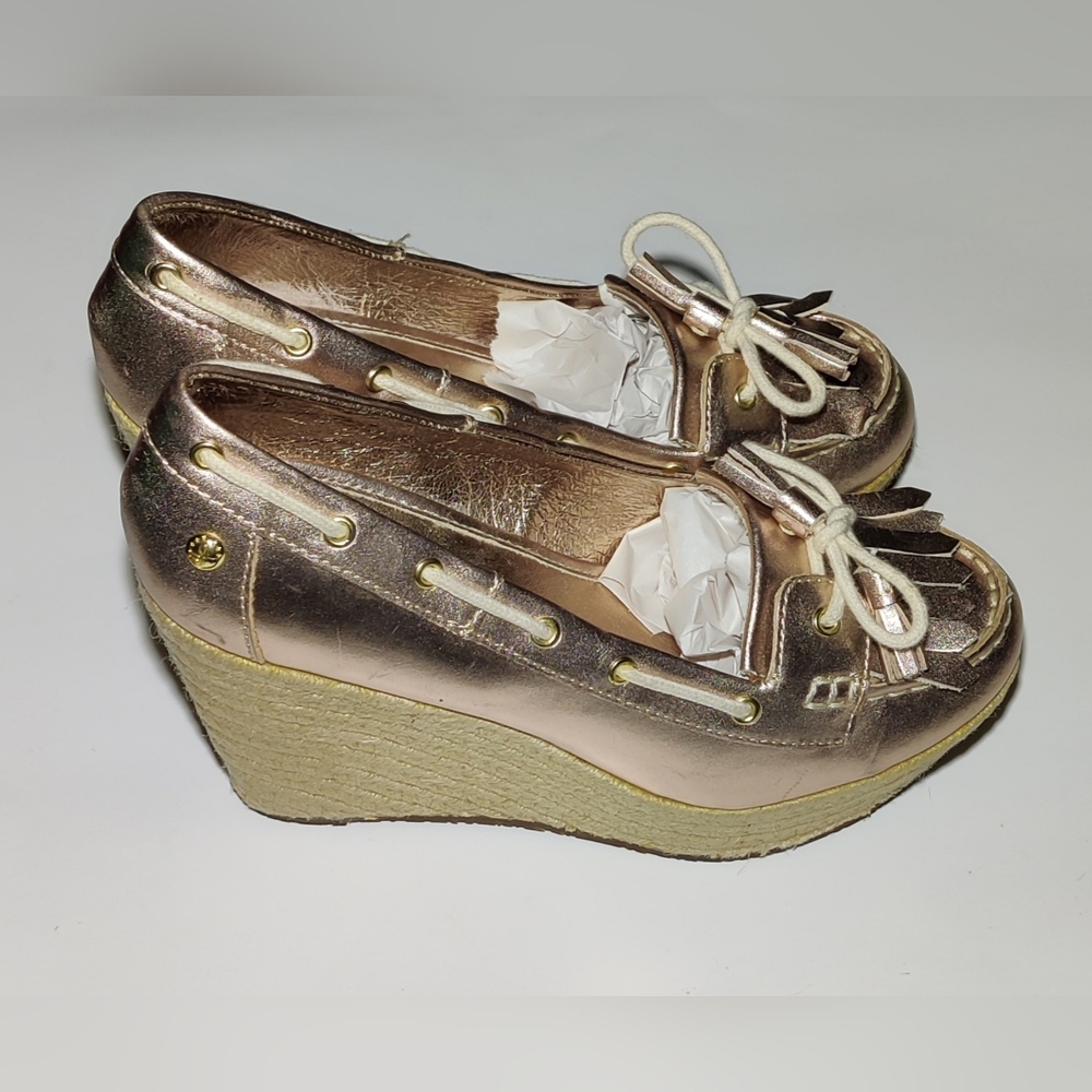 Sebago Wedge Boating Sandals Womens Size 9 Pink Brown Rope Wrap Patent Leather - Picture 3 of 4